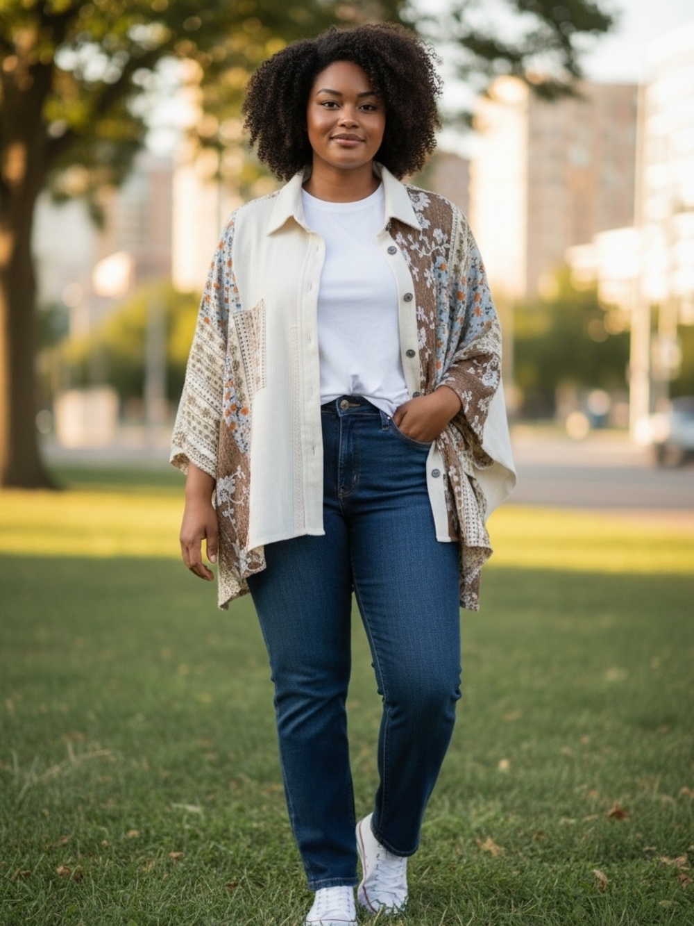 POL Cream Textured Collared Patchwork Shirt